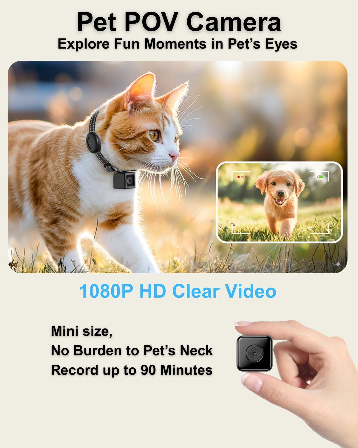 Cat Camera Collar with Tracker Tag, 1080P HD Pet POV Action Cam, Lightweight 0.7oz, Night Vision W3672