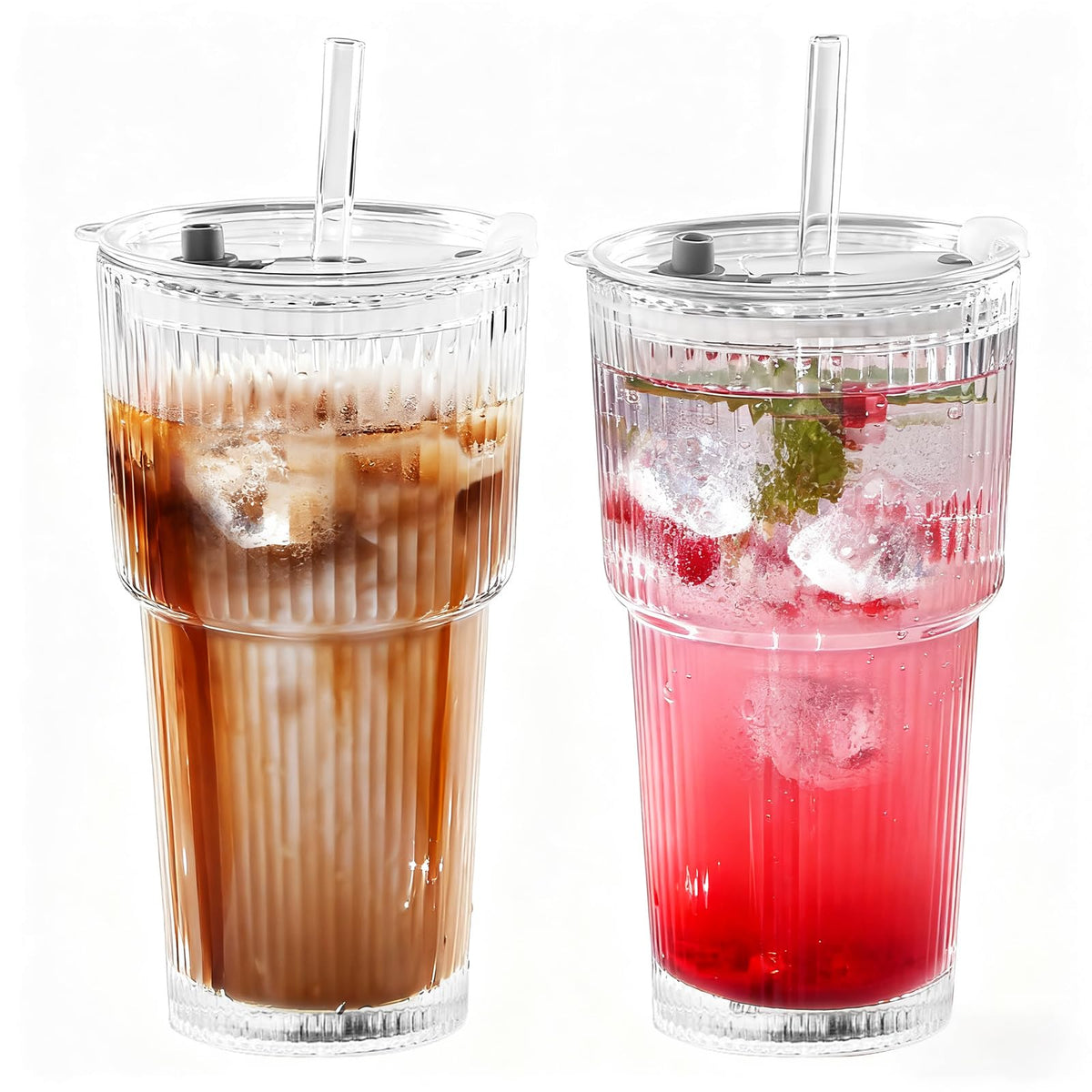 20oz Ribbed Glass Tumbler Set with Lids and Straws, 2 Pack T36155