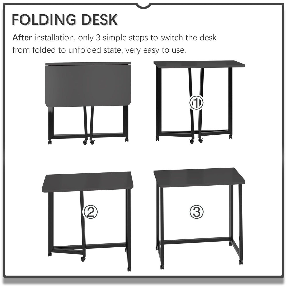 23.6" Folding Mobile Desk with Wheels, All Black L5873