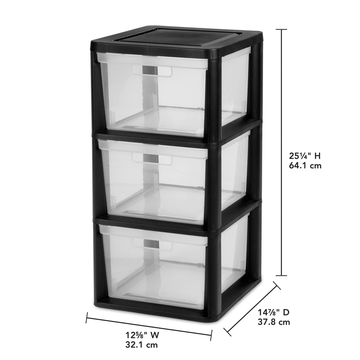 Black 3-Drawer Plastic Storage Tower with Clear Bins W1656