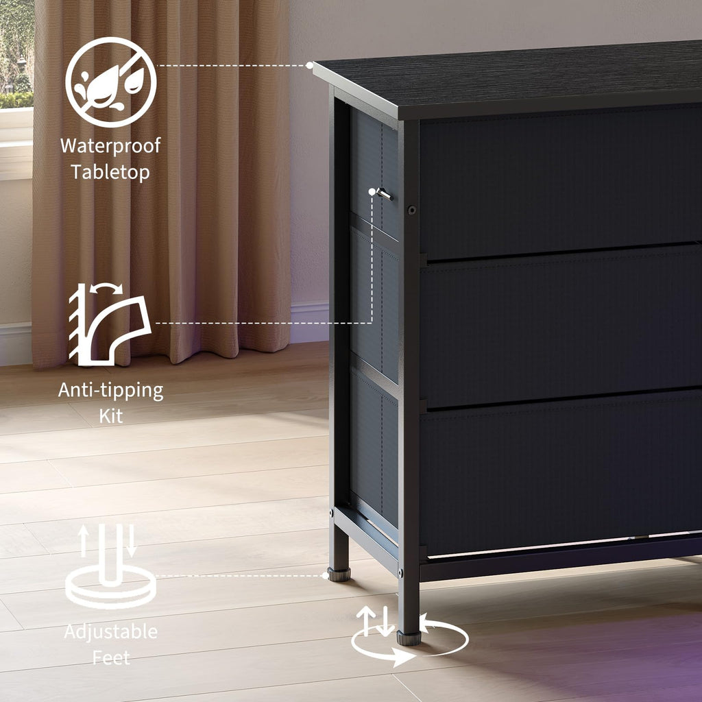 Black 13 Drawer Dresser TV Stand with LED Lights & Charging Station E7353