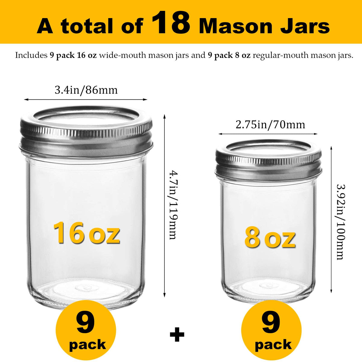 16 oz & 8 oz Clear Glass Mason Jars with Lids, Set of 18 O250509