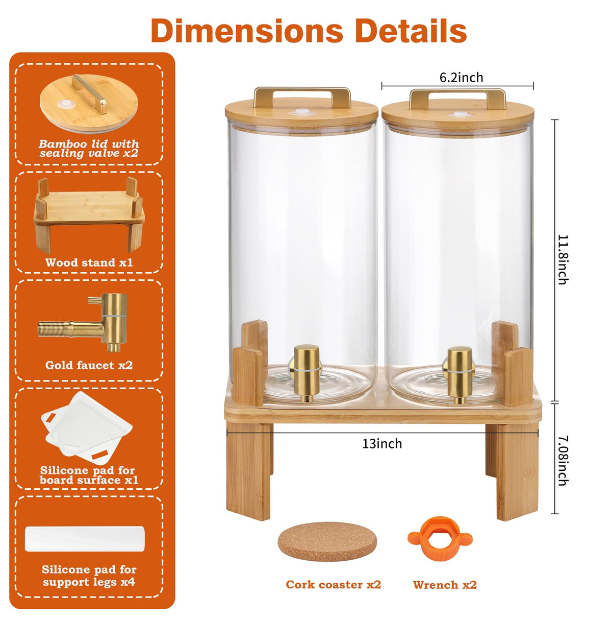1.5 Gallon 2 Pack Glass Beverage Dispenser with Wood Stand and Spigot J6022