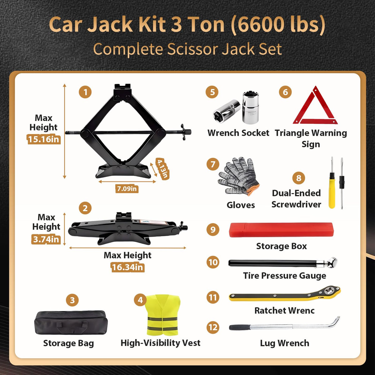 3-Ton Scissor Jack Kit with Ratchet Wrench E923472