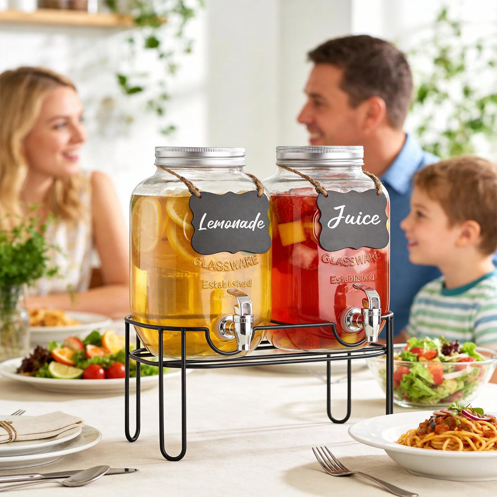 1 Gallon Glass Drink Dispenser 2 Pack with Fruit Infuser and Stand N2952