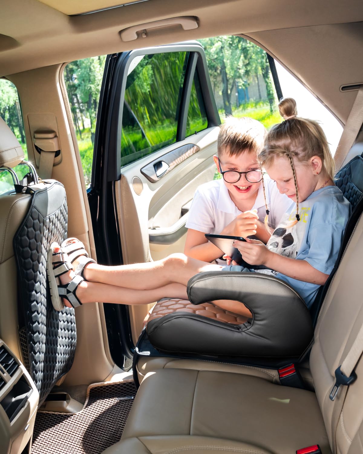 Black-Brown Backless Booster Seat with Latch and Waterproof Eco-Leather Seat Protector 2-Piece Set Z23825