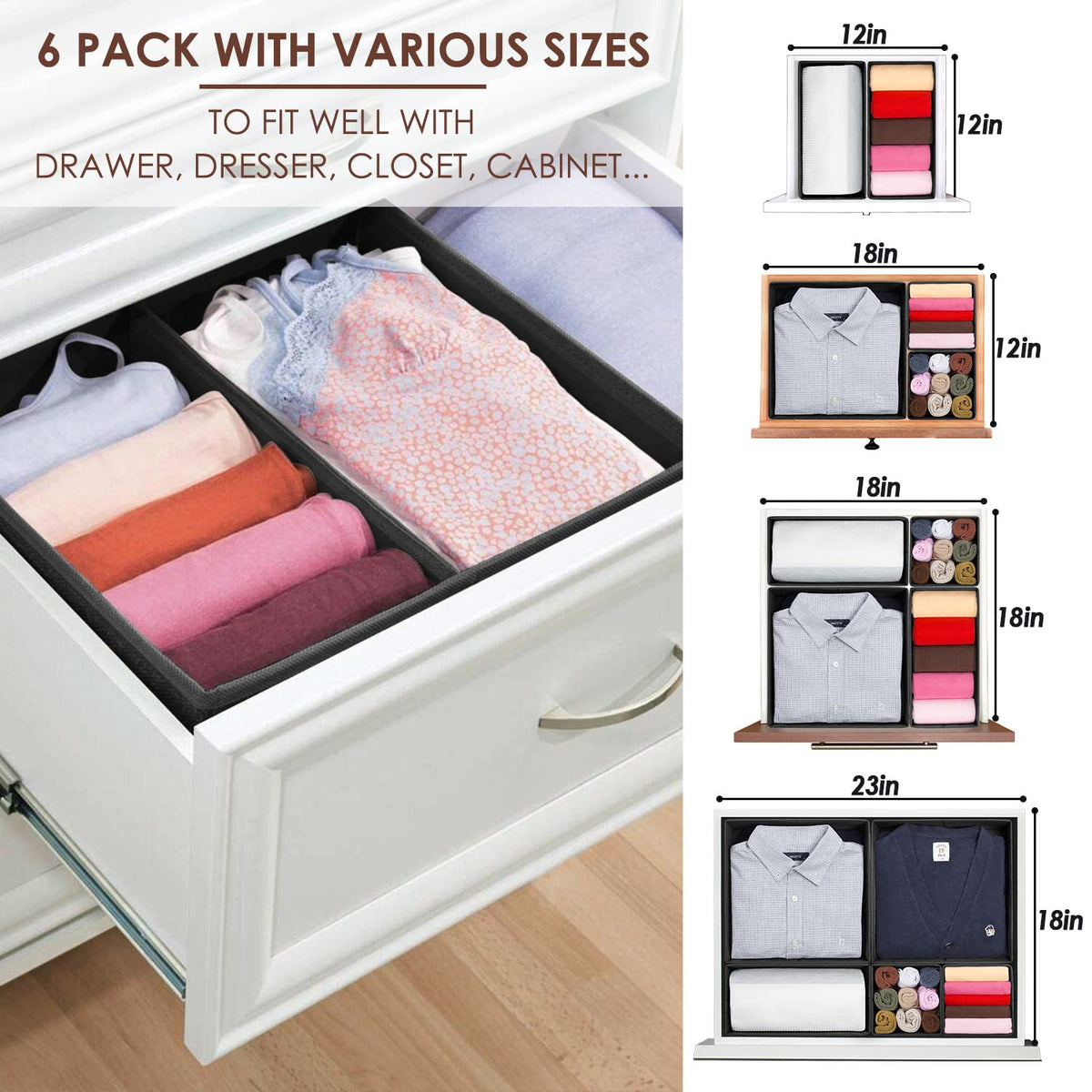 6 Pack Black Fabric Drawer Organizer Y440430
