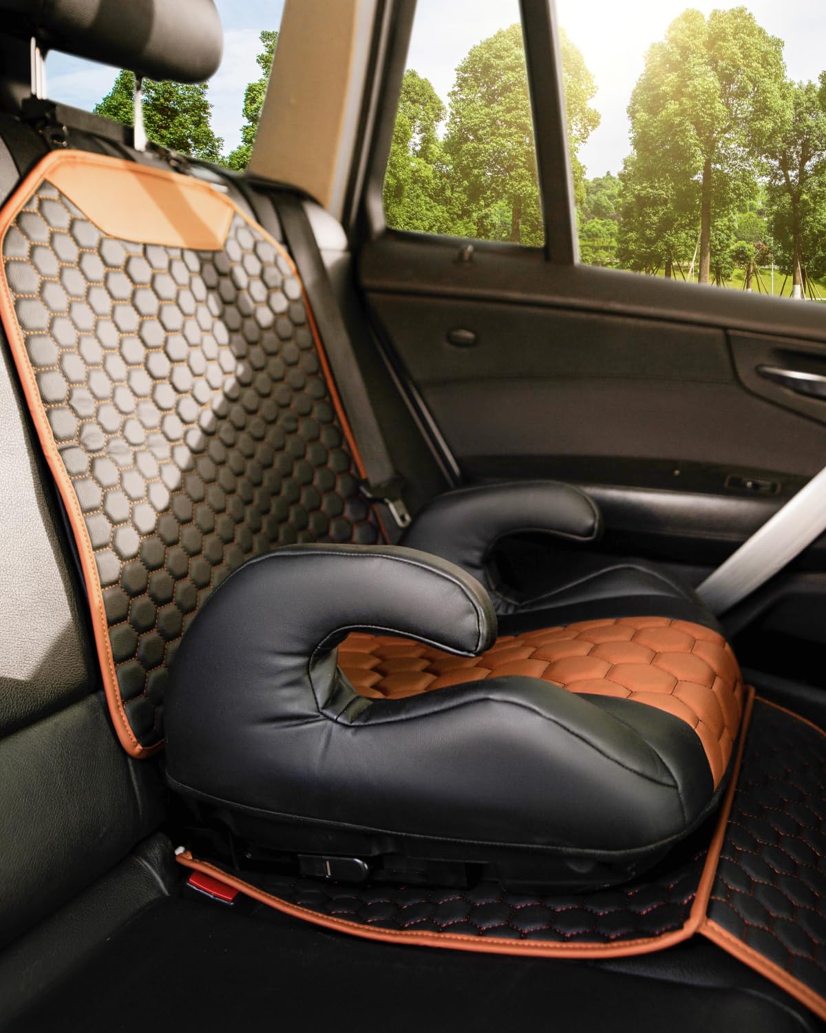 Black-Brown Backless Booster Seat with Latch and Waterproof Eco-Leather Seat Protector 2-Piece Set Z23825