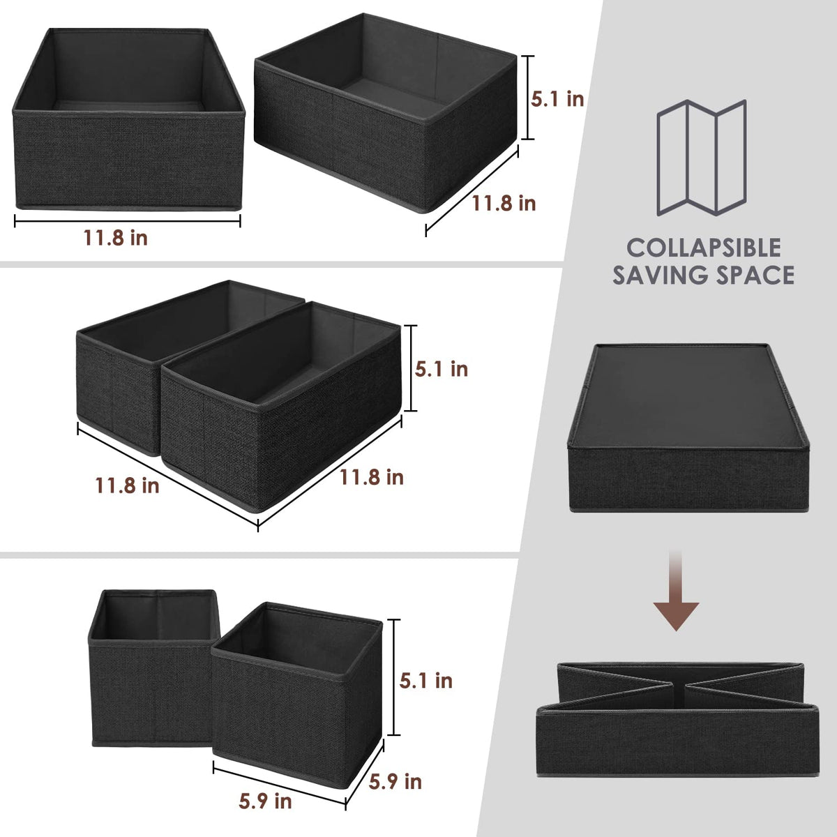 6 Pack Black Fabric Drawer Organizer Y440430