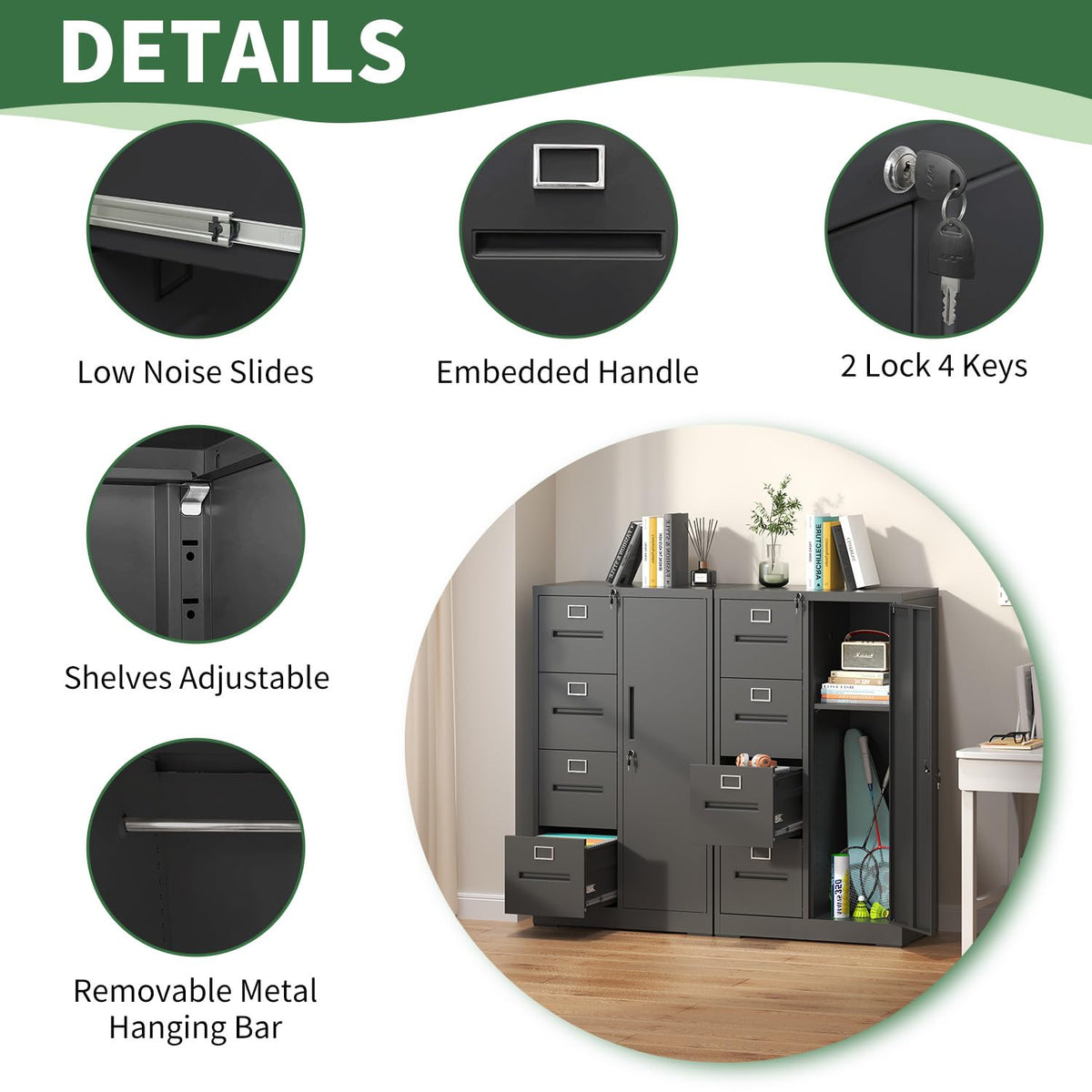 4 Drawer Black Vertical File Cabinet with Lock F720