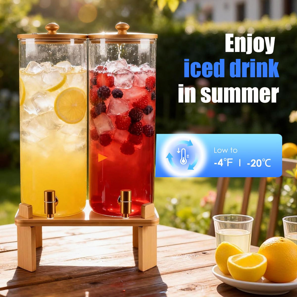 2 Gallon 2 Pack Glass Drink Dispenser with Wood Stand H4952