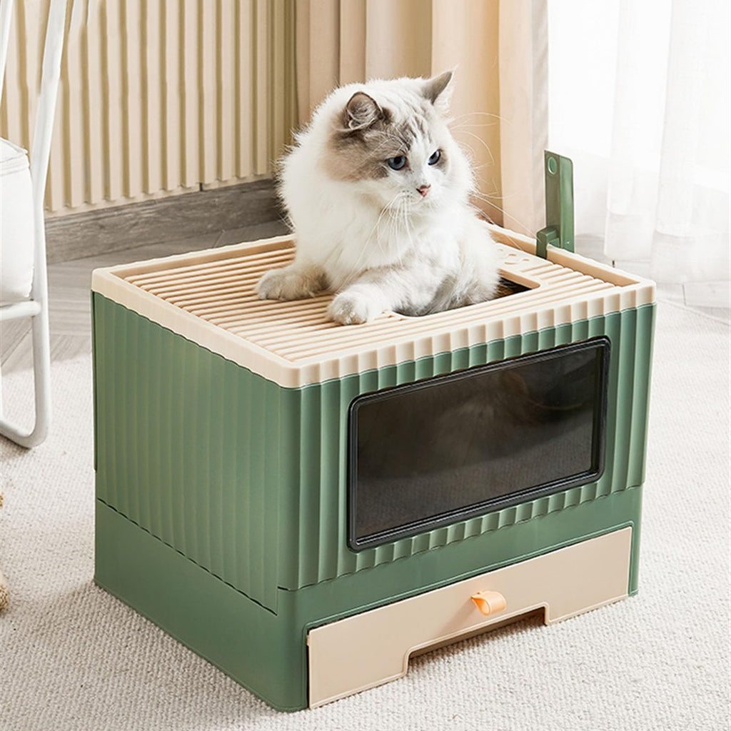 Top Entry Cat Litter Box with Lid Foldable Drawer Type Green C95881