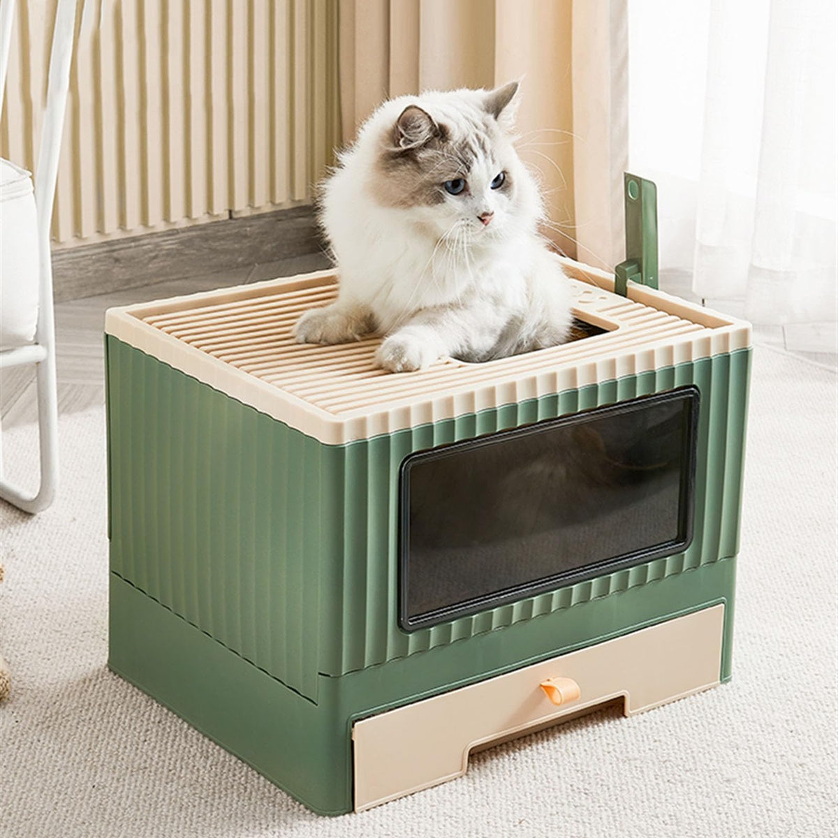 Top Entry Cat Litter Box with Lid Foldable Drawer Type Green C95881