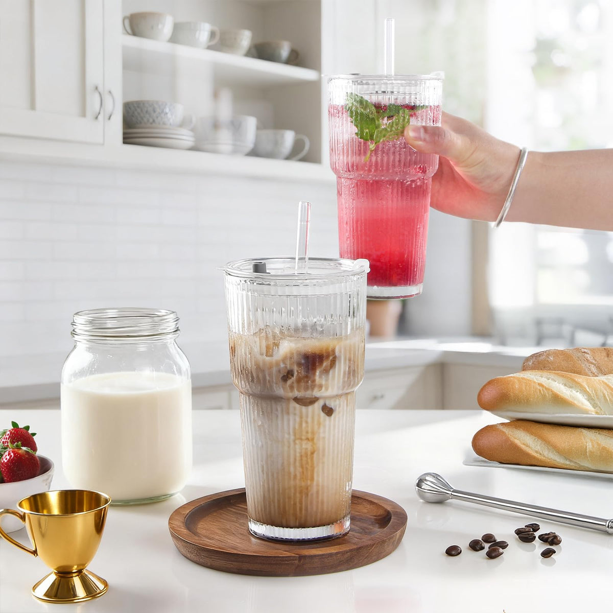 20oz Ribbed Glass Tumbler Set with Lids and Straws, 2 Pack T36155