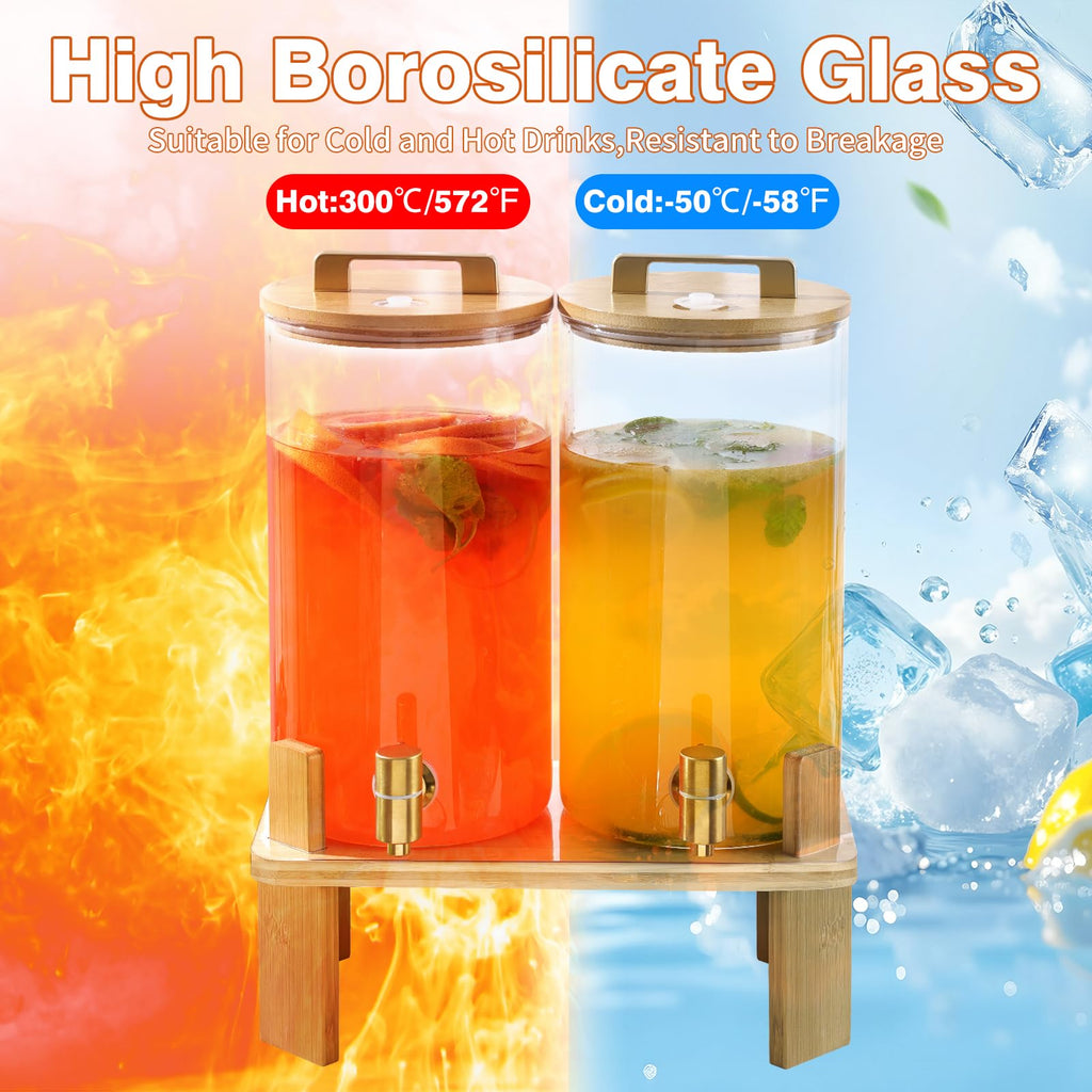1.5 Gallon 2 Pack Glass Beverage Dispenser with Wood Stand and Spigot J6022