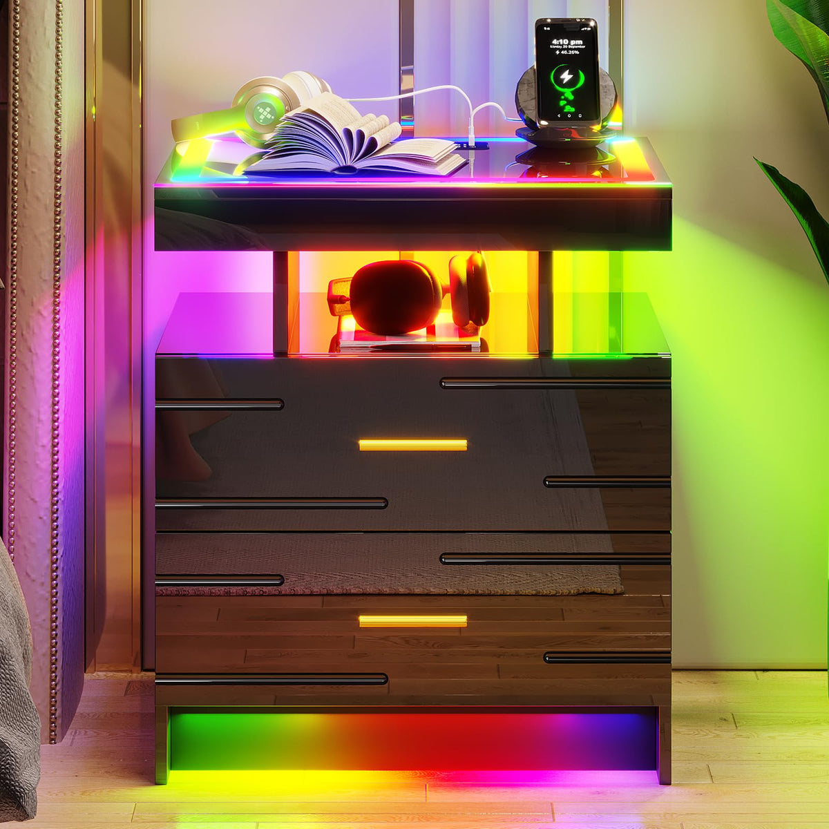 Black Smart Nightstand with Wireless Charging Station A728364