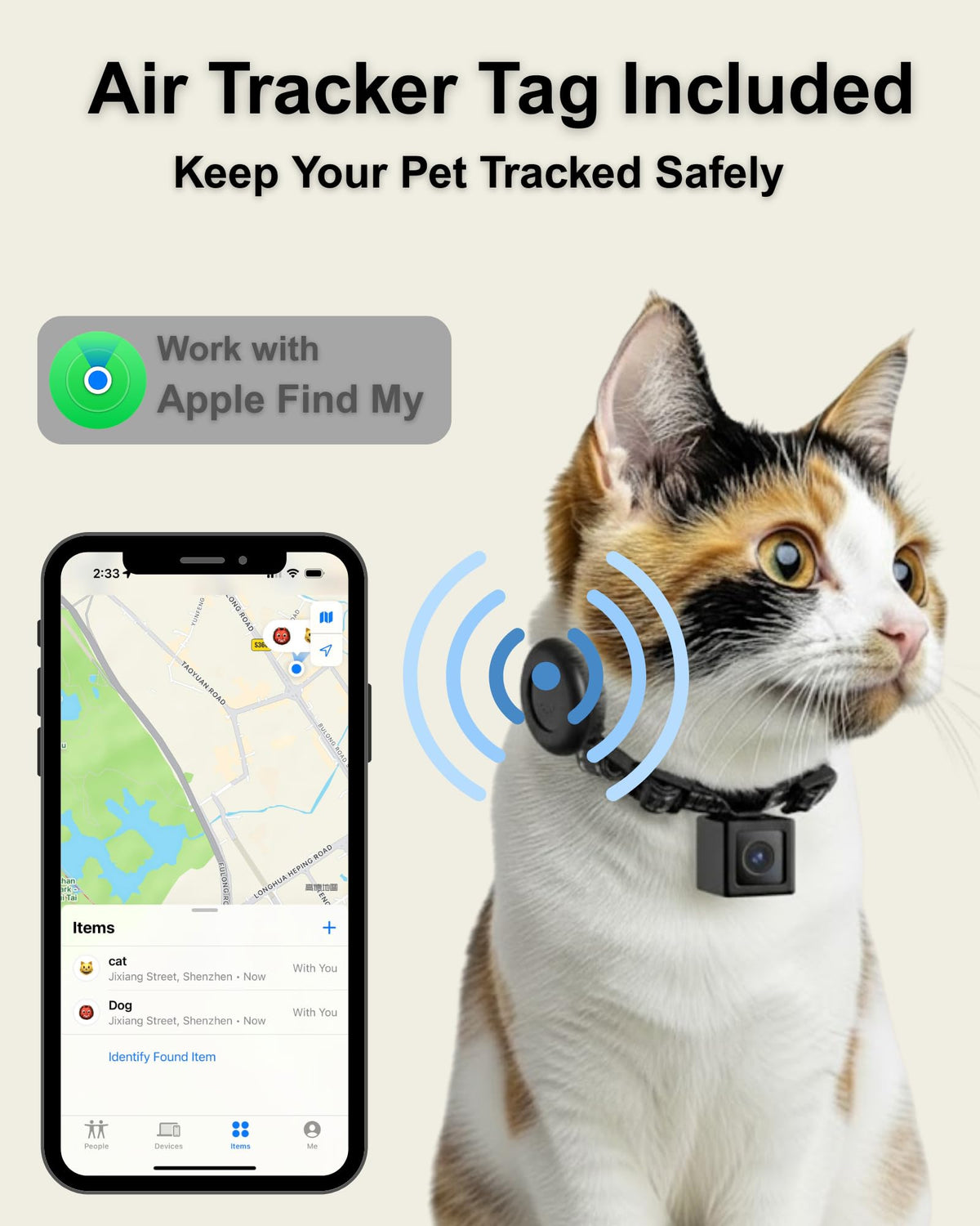 Cat Camera Collar with Tracker Tag, 1080P HD Pet POV Action Cam, Lightweight 0.7oz, Night Vision W3672