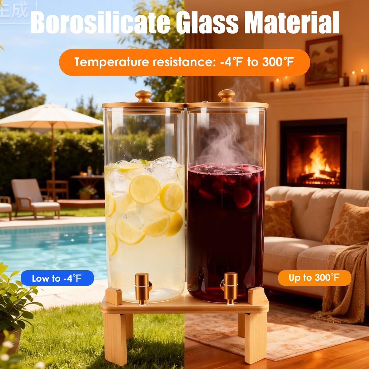 2 Gallon 2 Pack Glass Drink Dispenser with Wood Stand H4952