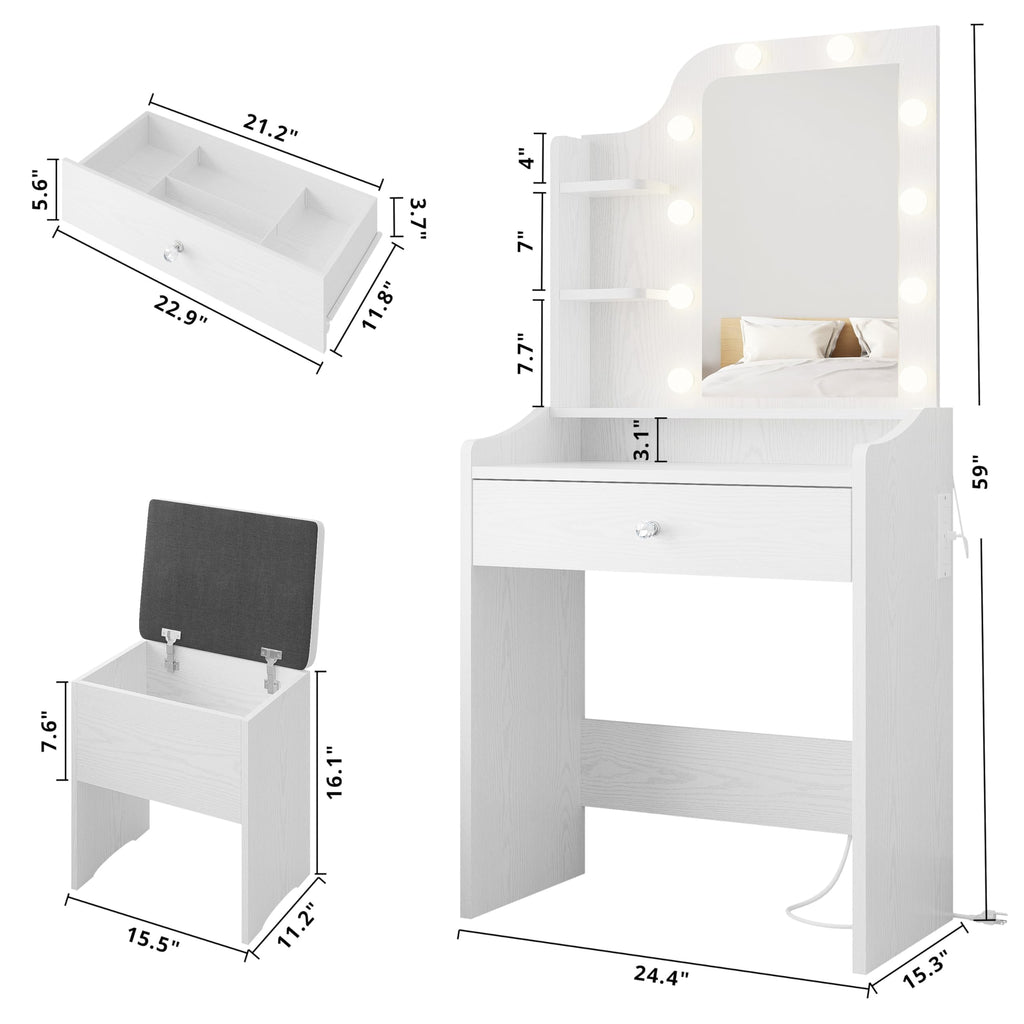 White Vanity Desk with Mirror and Storage Stool V699