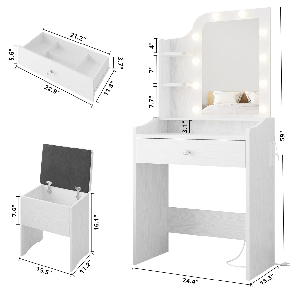 White Vanity Desk with Mirror and Storage Stool V699