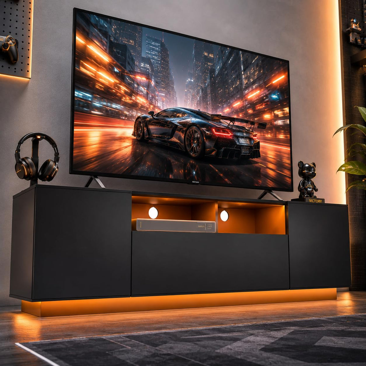 Black TV Stand with Storage Cabinets and Drawer Z101