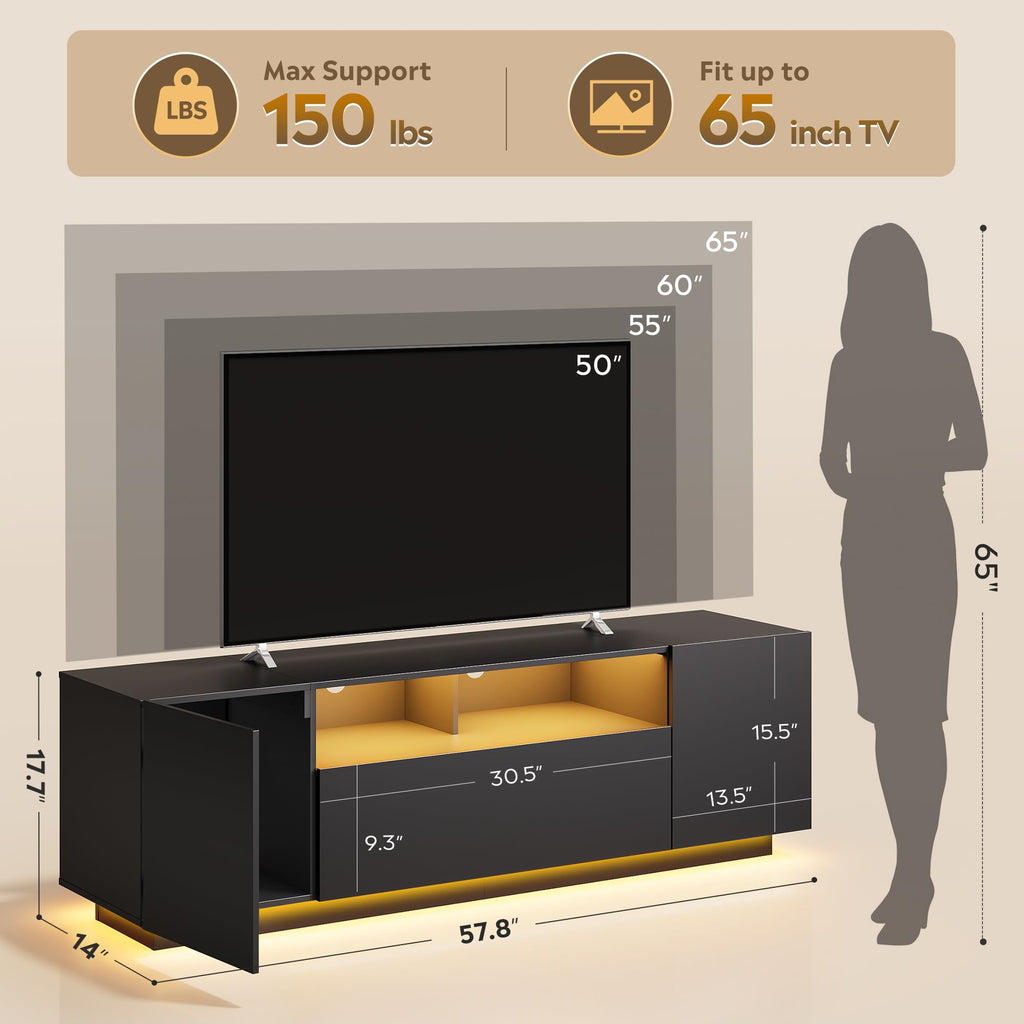 Black TV Stand with Storage Cabinets and Drawer Z101