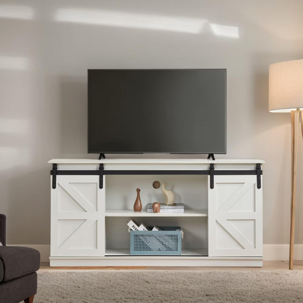 White 65 Inch TV Stand with Sliding Barn Doors and Storage W43075