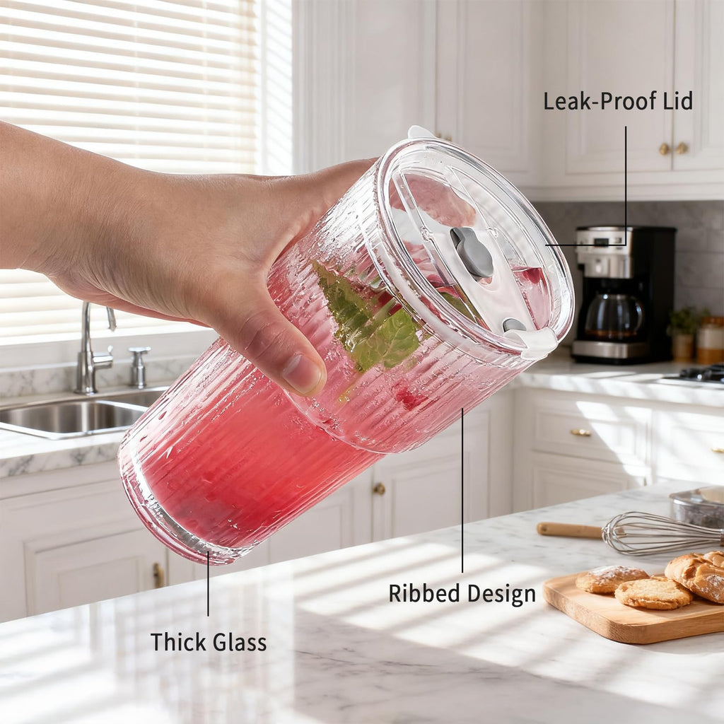 20oz Ribbed Glass Tumbler Set with Lids and Straws, 2 Pack T36155