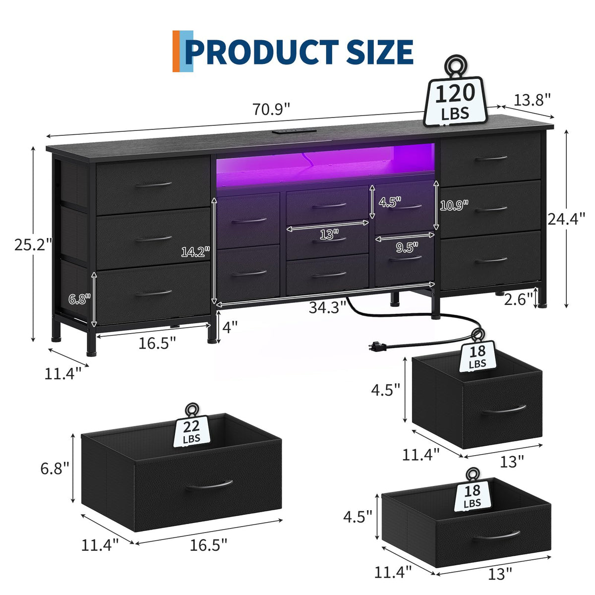 Black 13 Drawer Dresser TV Stand with LED Lights & Charging Station E7353