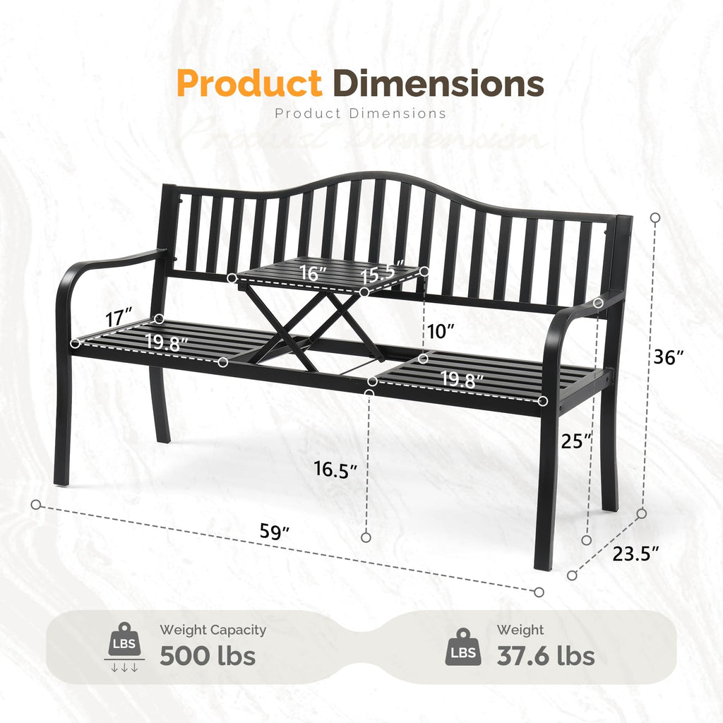 59" Outdoor Metal Bench with Built in Table J86652