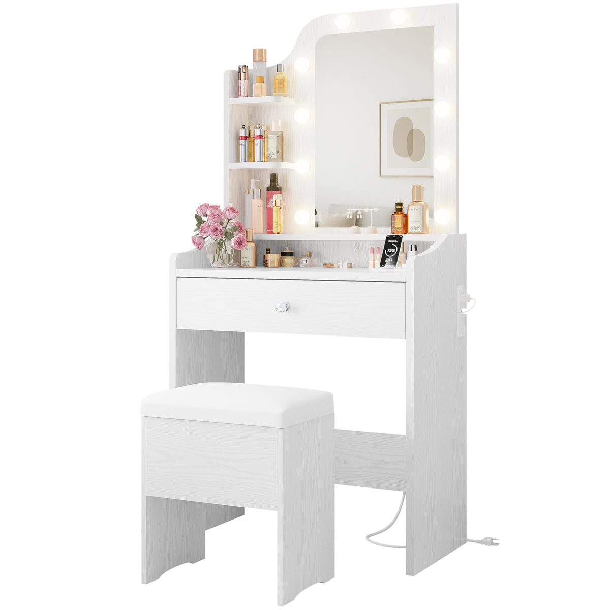 White Vanity Desk with Mirror and Storage Stool V699