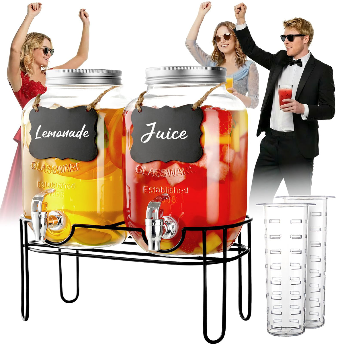 1 Gallon Glass Drink Dispenser 2 Pack with Fruit Infuser and Stand N2952