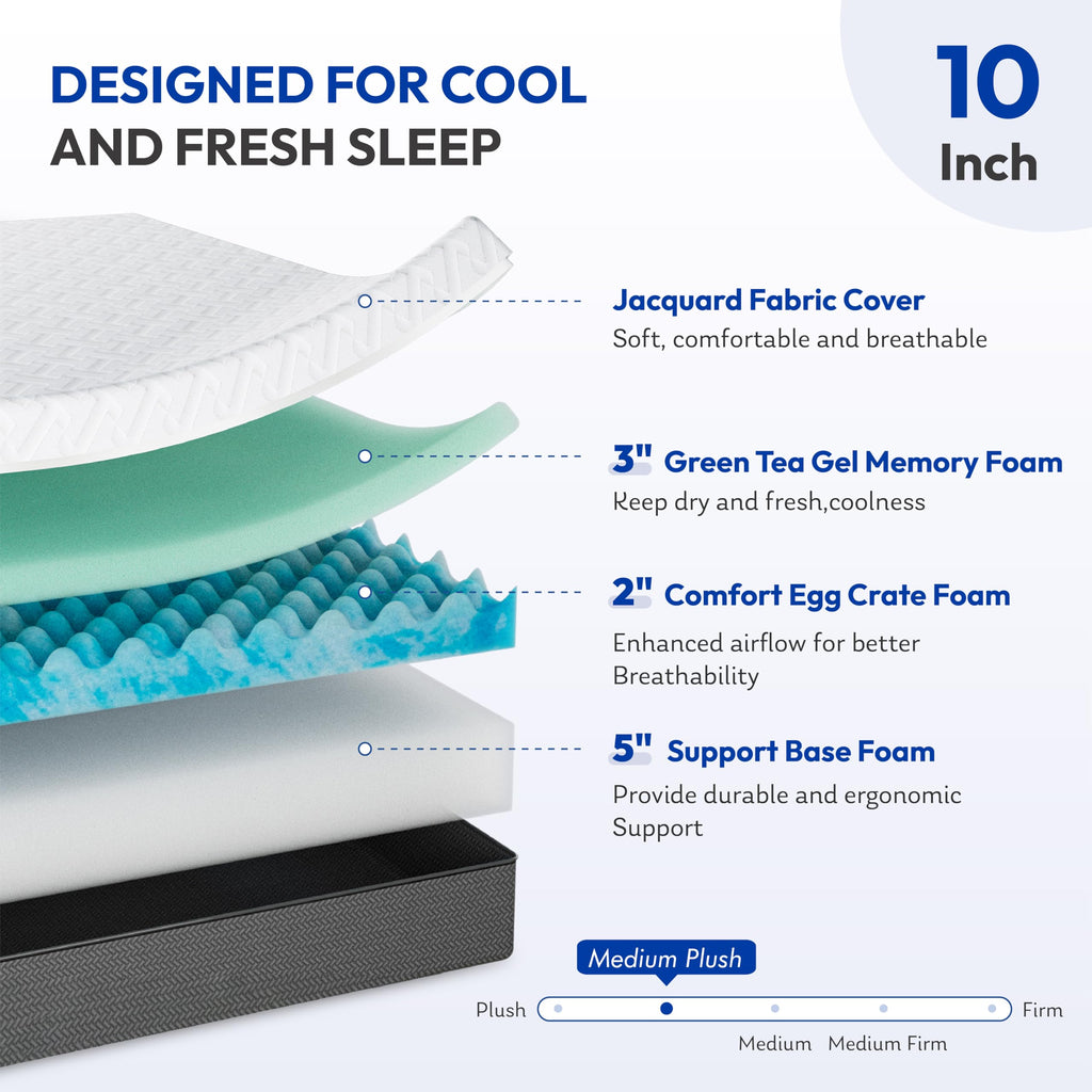10 Inch Gel-Infused Green Tea Memory Foam Twin Mattress U5334