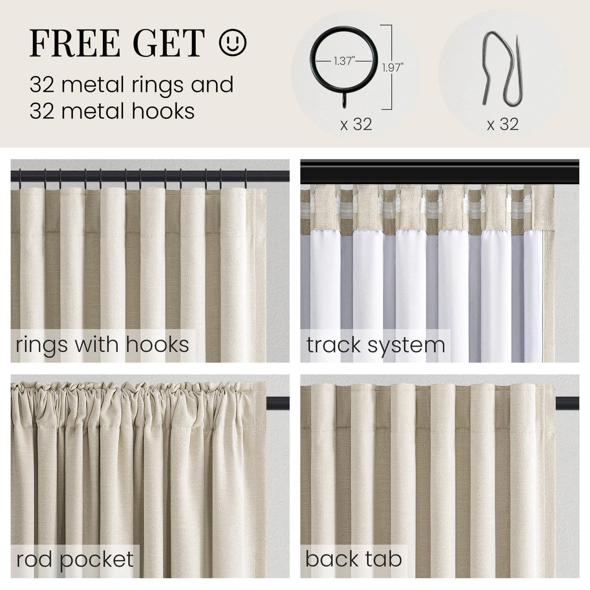 Cream Beige 96 Inch Long Blackout Linen Curtains D596626