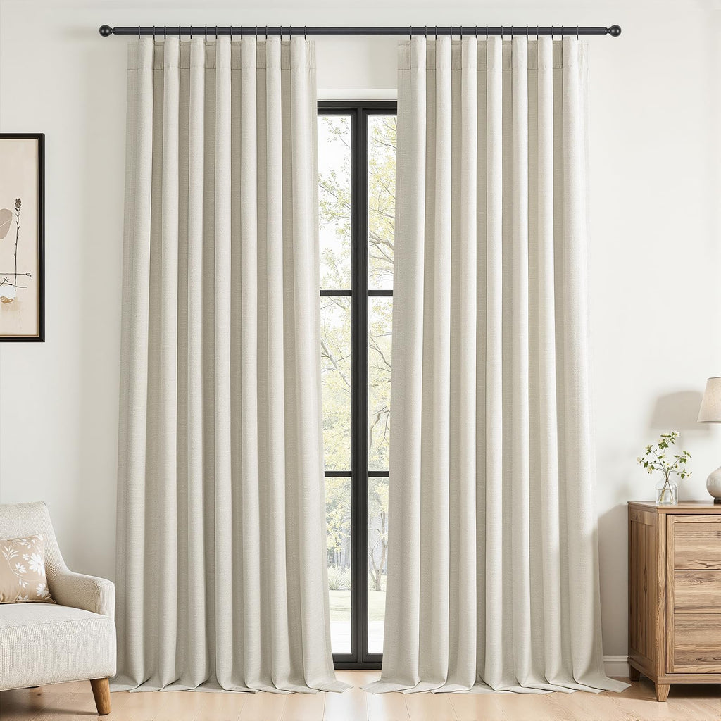 Cream Beige 96 Inch Long Blackout Linen Curtains D596626