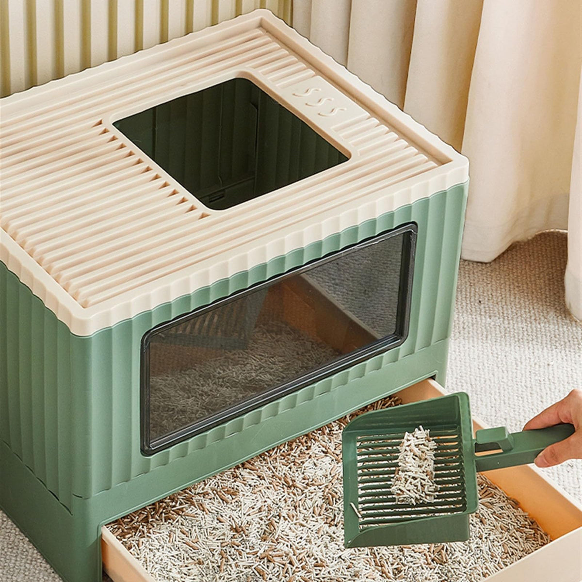 Top Entry Cat Litter Box with Lid Foldable Drawer Type Green C95881