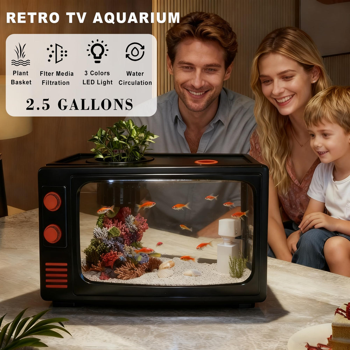 2.5 Gallon Fish Tank Kit with LED Lights, Filter & Plant Planter K140