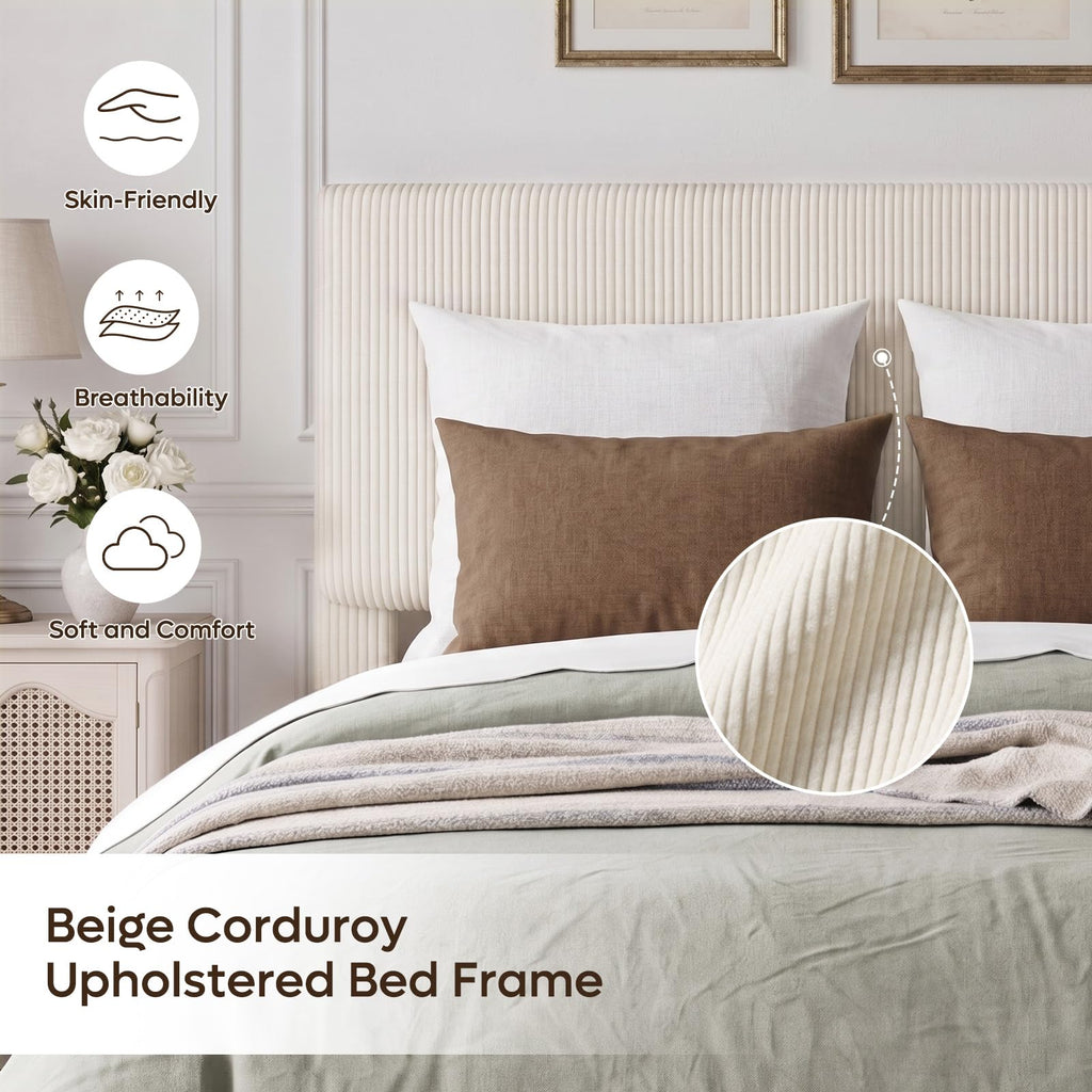 Queen Bed Frame with Headboard LED Lighting, Upholstered, Beige Z717519