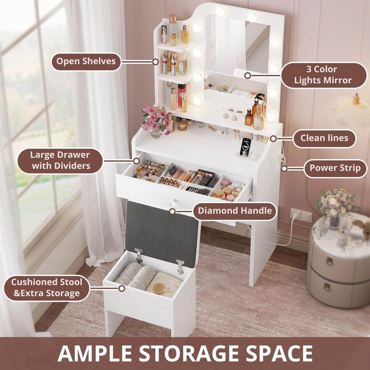 White Vanity Desk with Mirror and Storage Stool V699