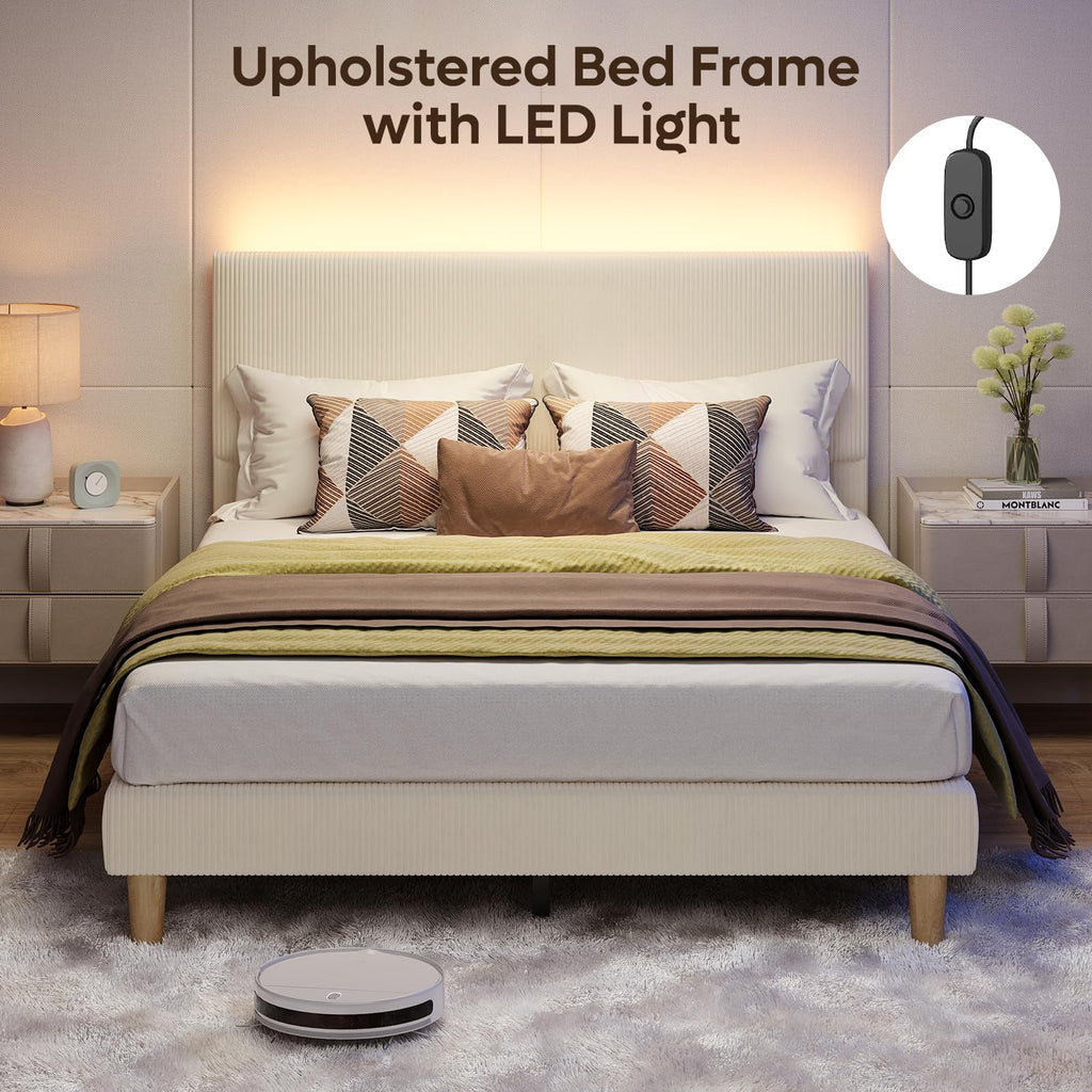 Queen Bed Frame with Headboard LED Lighting, Upholstered, Beige Z717519