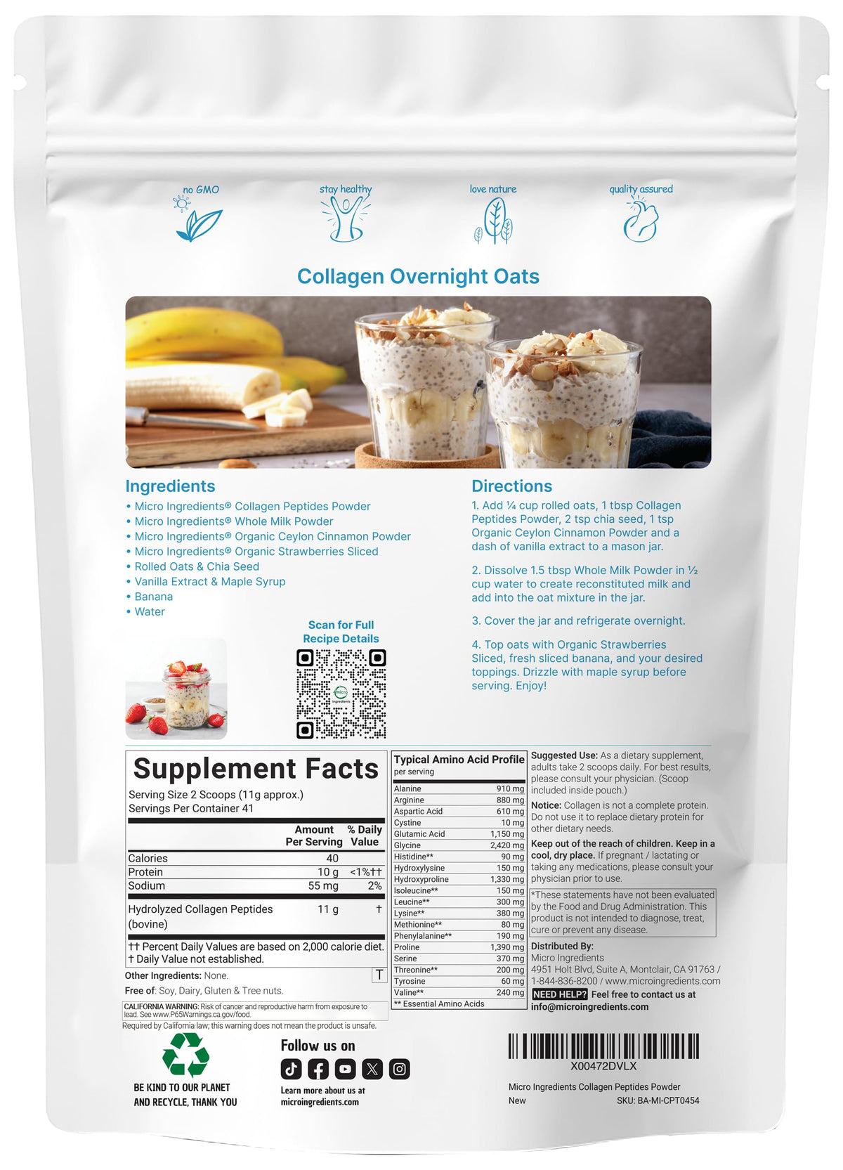 Hydrolyzed Collagen Peptides Powder, 1 lb Unflavored Type I & III R9535