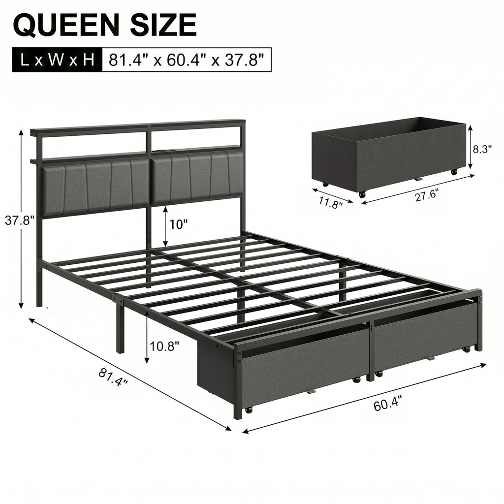 Queen Bed Frame with Storage Drawers and Charging Station F44797