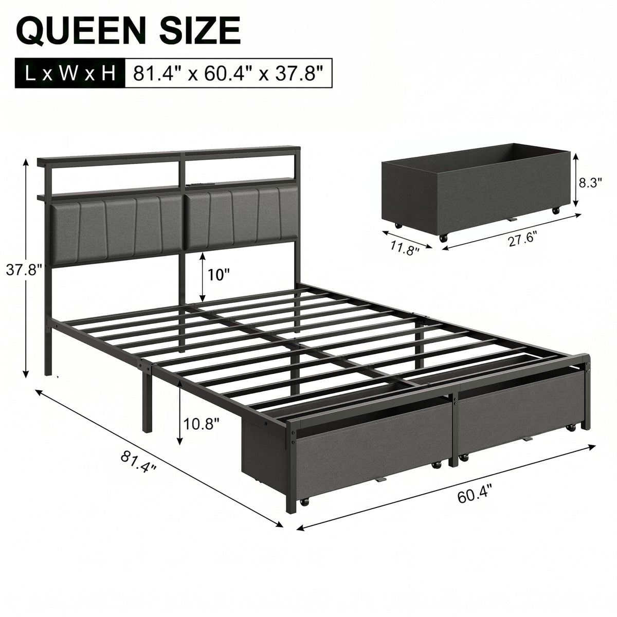 Queen Bed Frame with Storage Drawers and Charging Station F44797