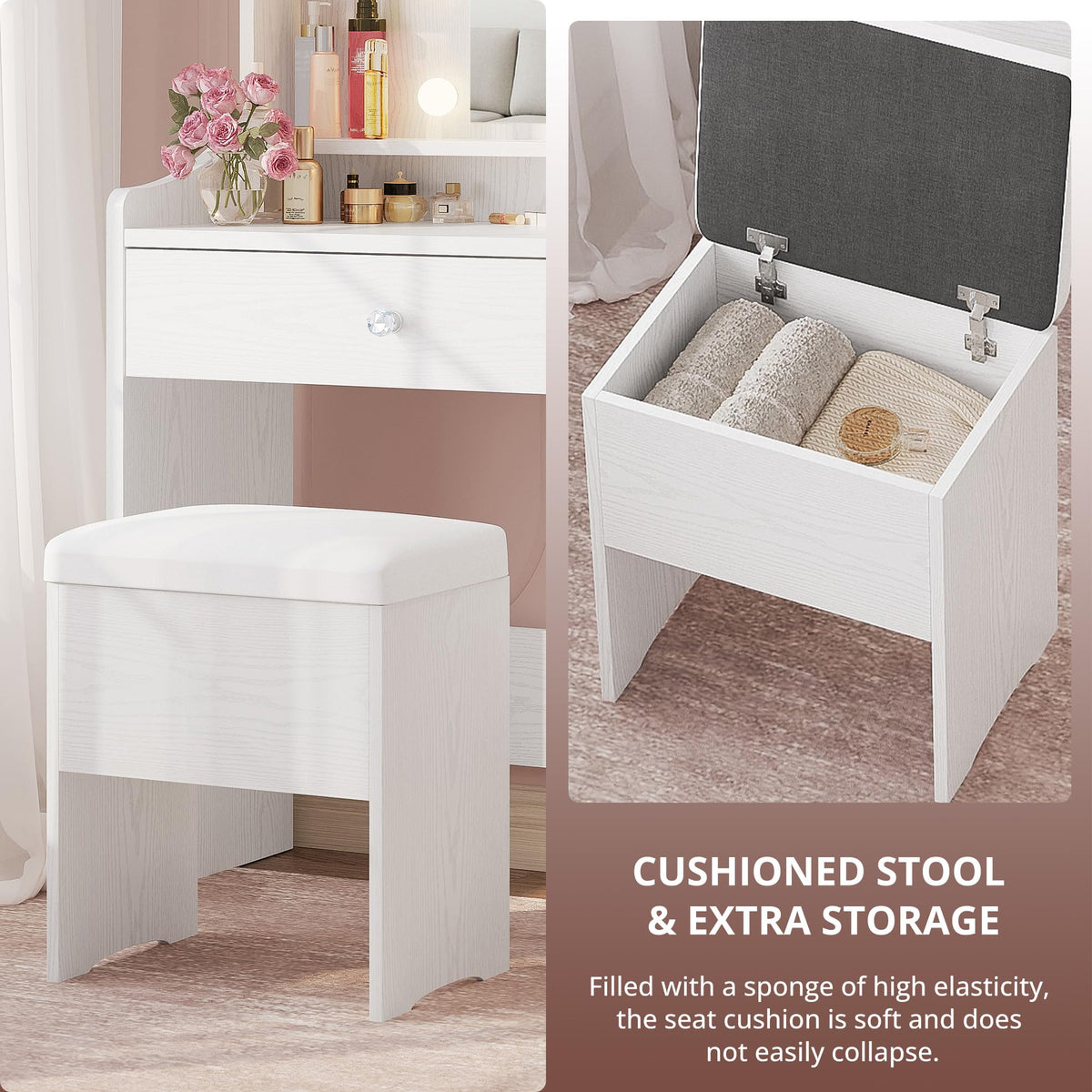 White Vanity Desk with Mirror and Storage Stool V699