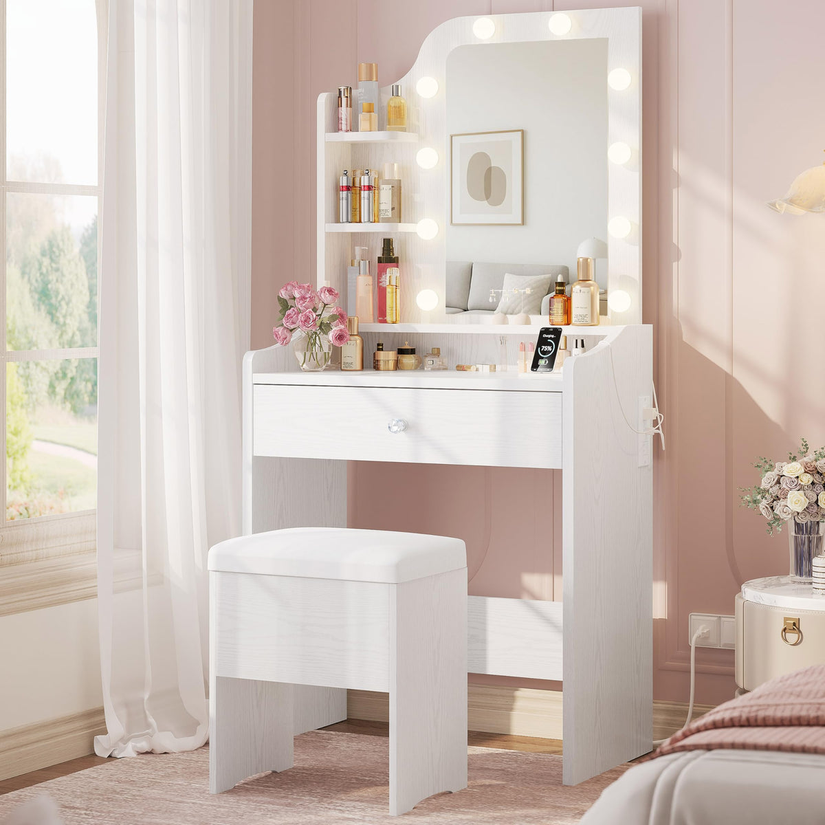 White Vanity Desk with Mirror and Storage Stool V699