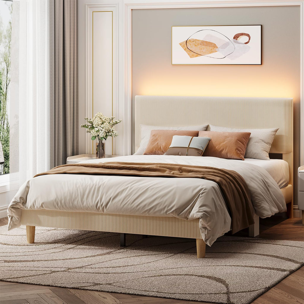 Queen Bed Frame with Headboard LED Lighting, Upholstered, Beige Z717519