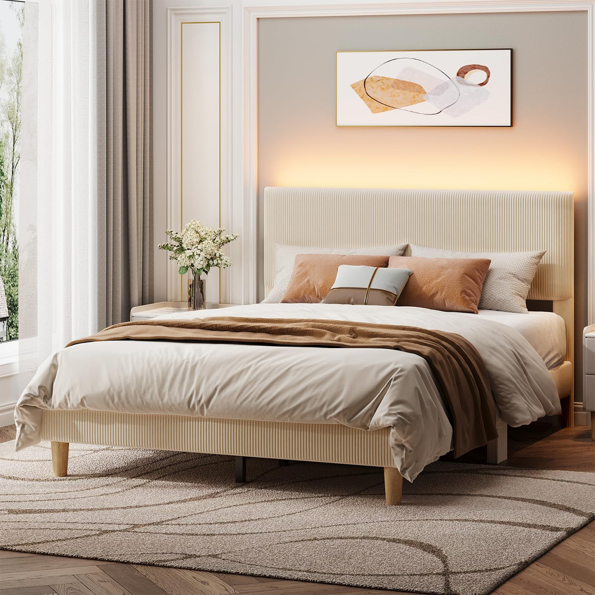Queen Bed Frame with Headboard LED Lighting, Upholstered, Beige Z717519