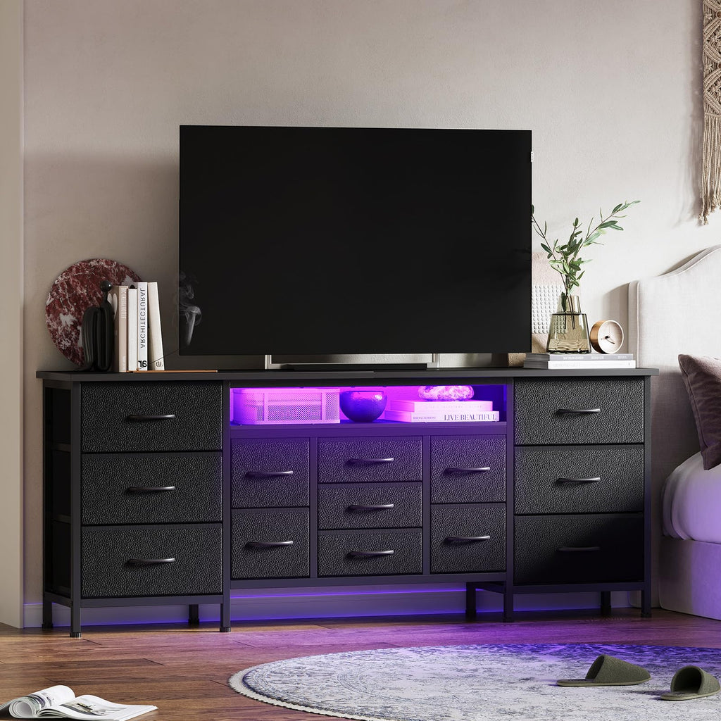 Black 13 Drawer Dresser TV Stand with LED Lights & Charging Station E7353
