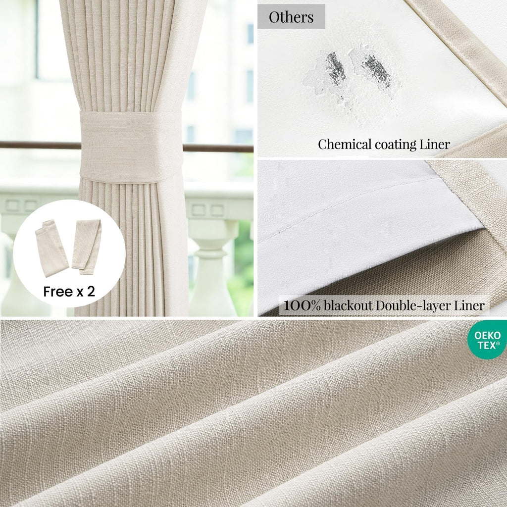 Cream Beige 96 Inch Long Blackout Linen Curtains D596626