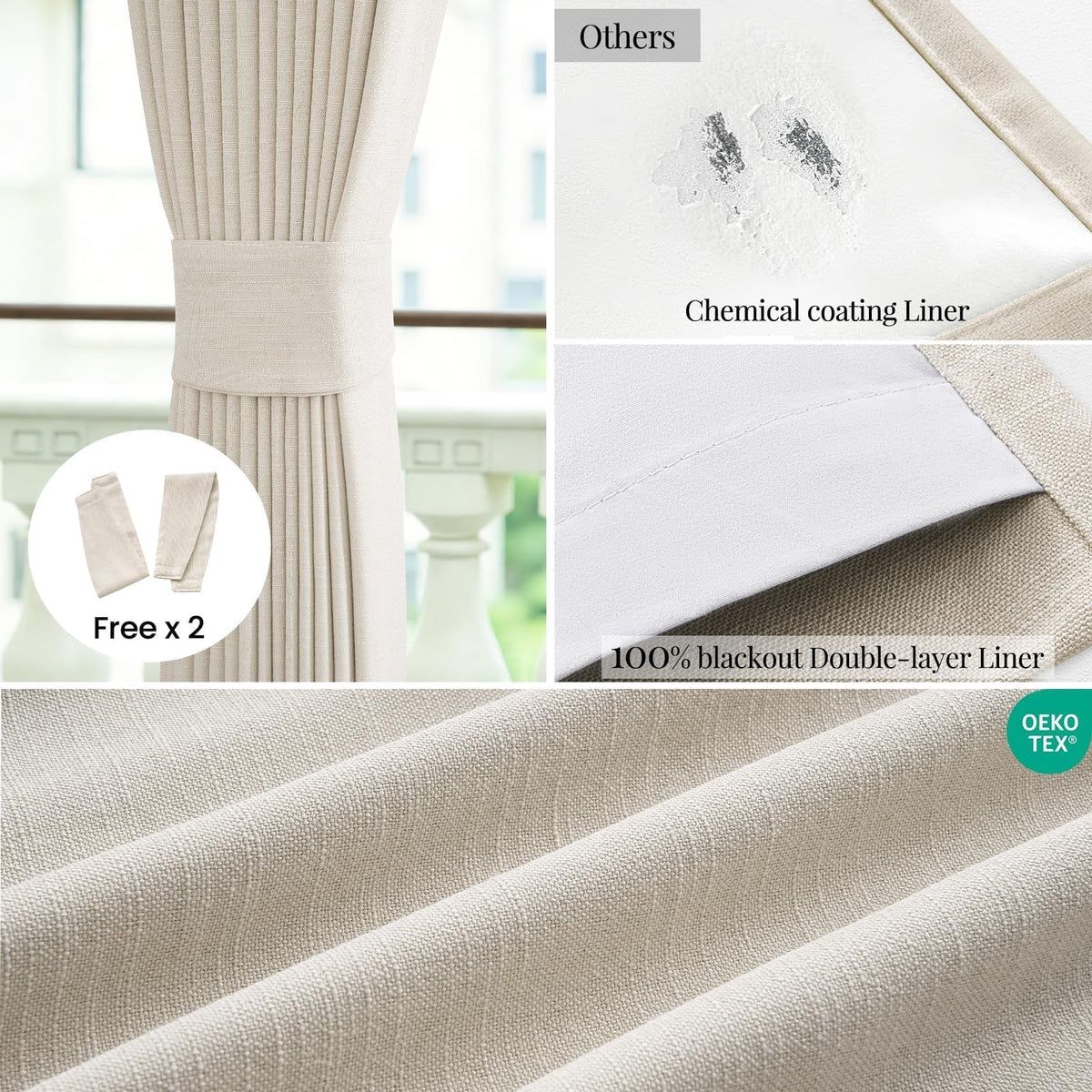 Cream Beige 96 Inch Long Blackout Linen Curtains D596626